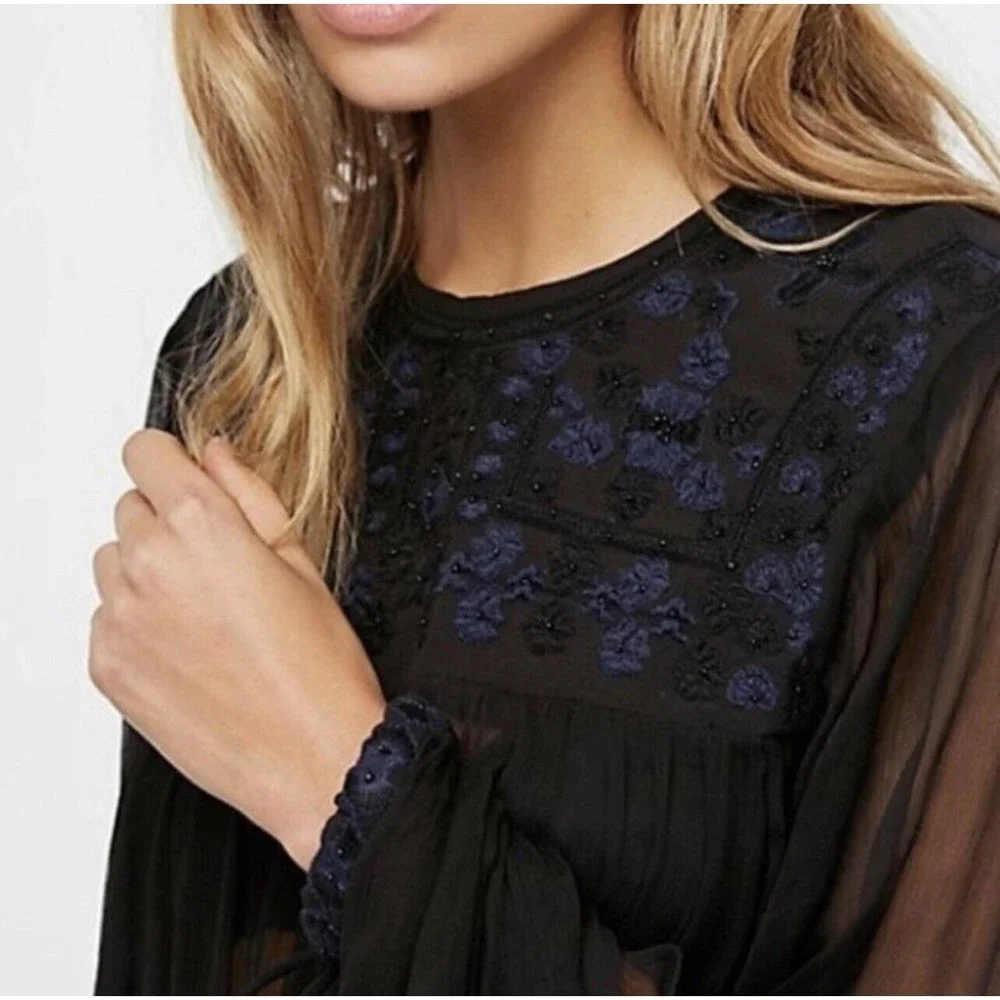Free People Sheer Black Long-Sleeve Tassel Blouse